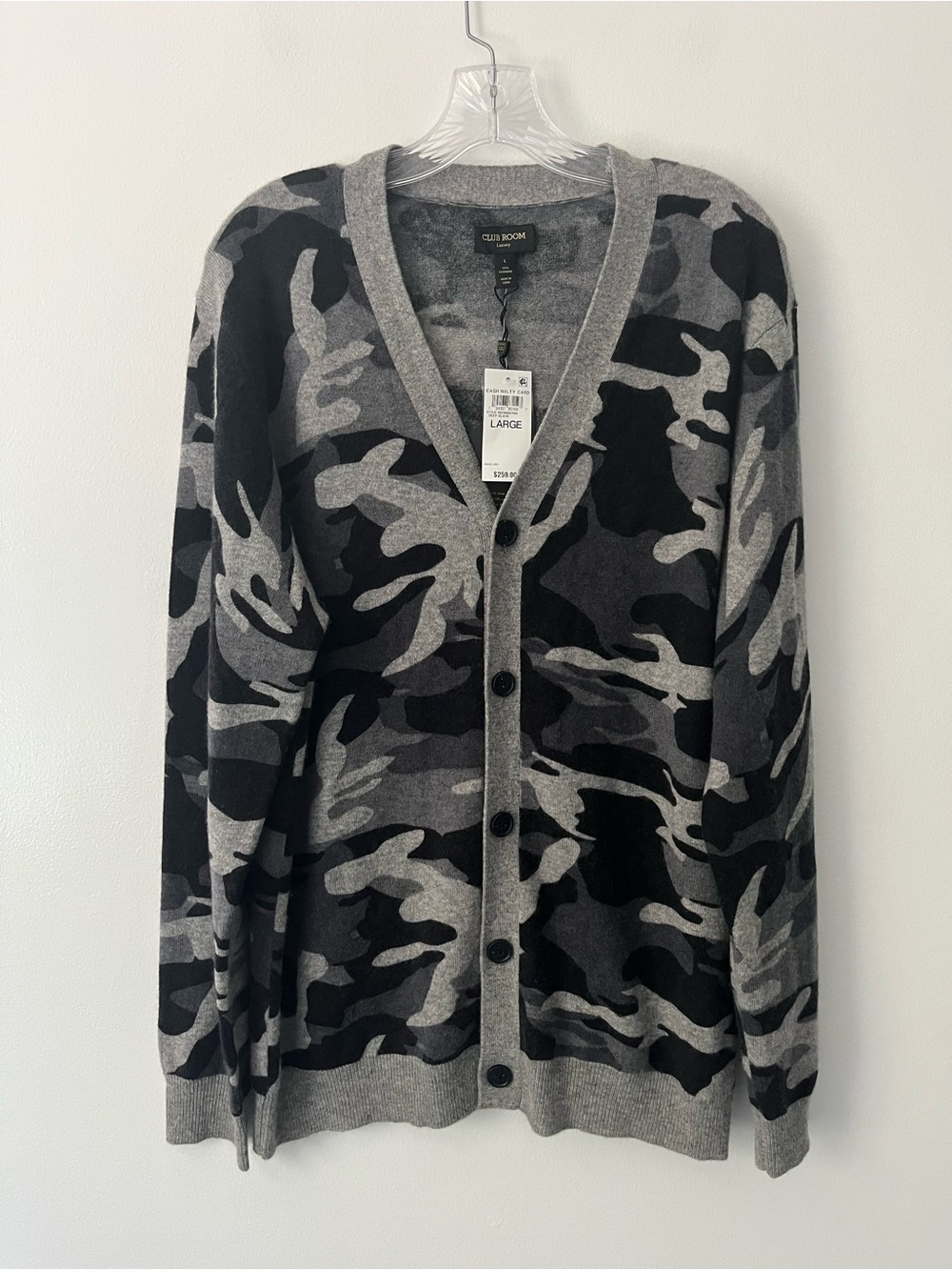 NEW Club Room 100% Cashmere Camo Gray Cardigan Sweater Large